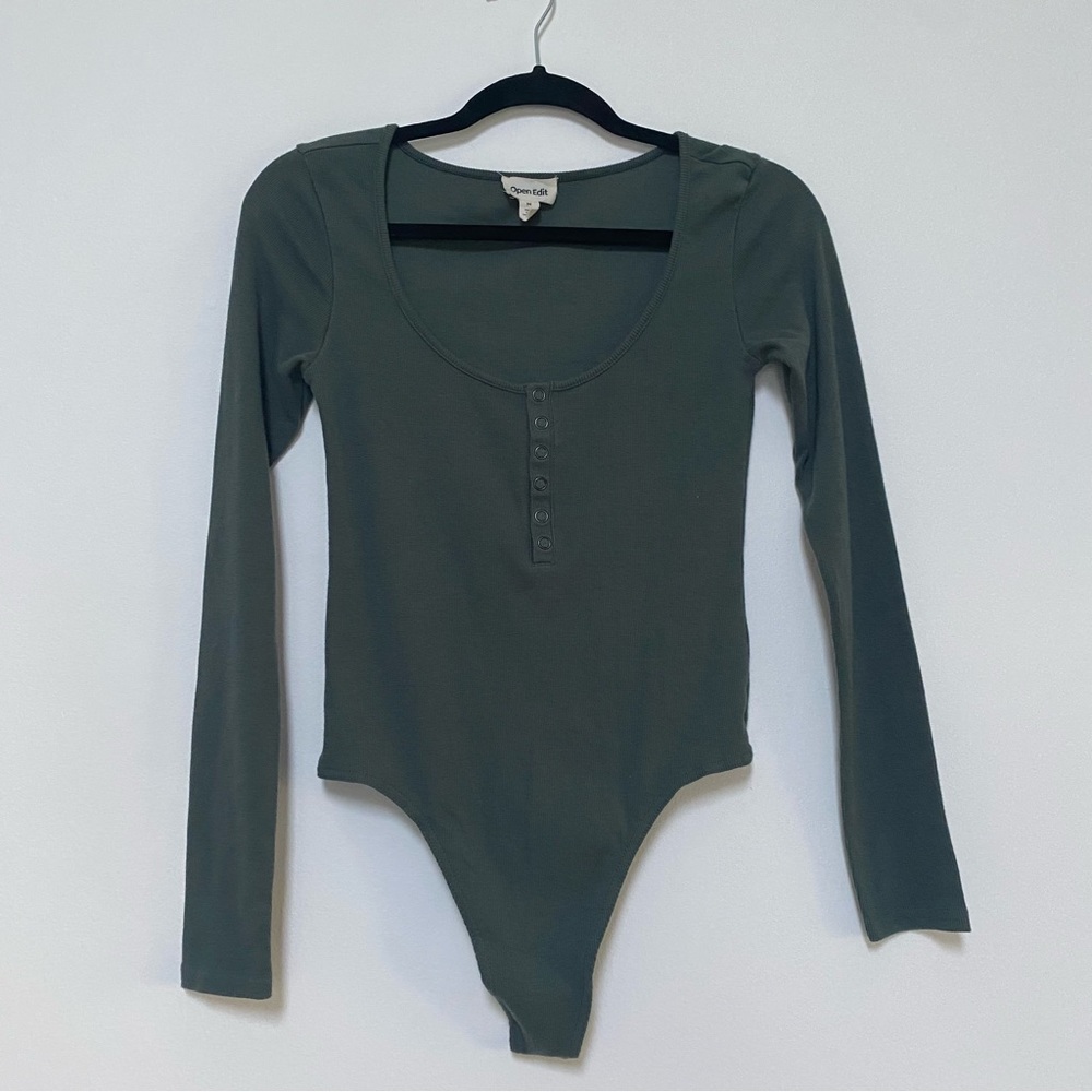 Open Edit Ribbed Botton Henley Bodysuit Green Medium